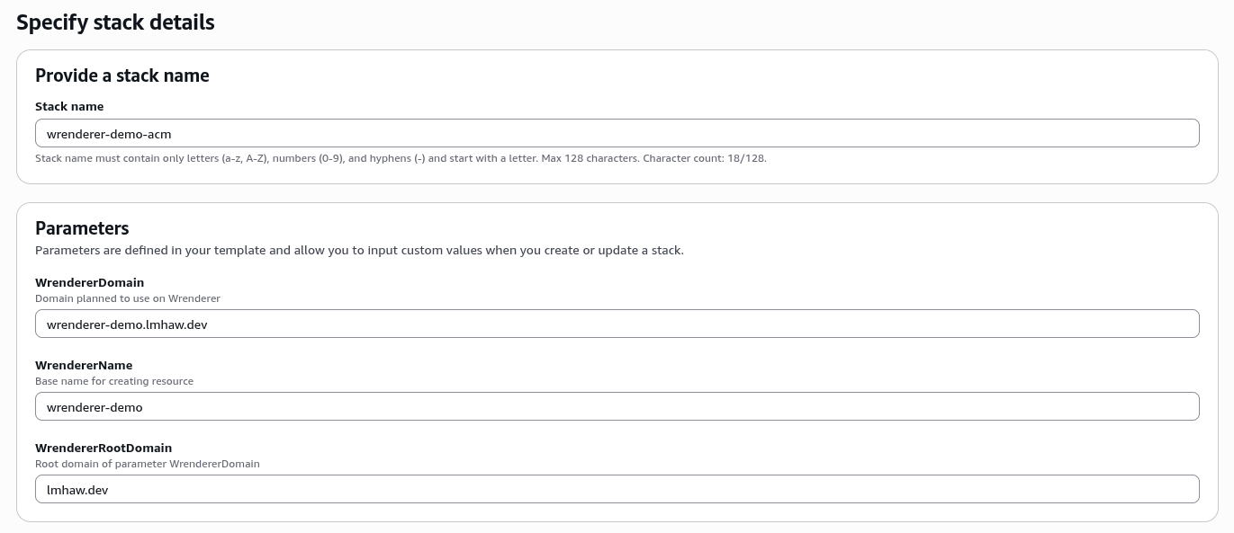 Specify stack name and parameters for ACM