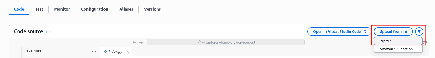 Uploading zip file to viewer request Lambda function - step 1